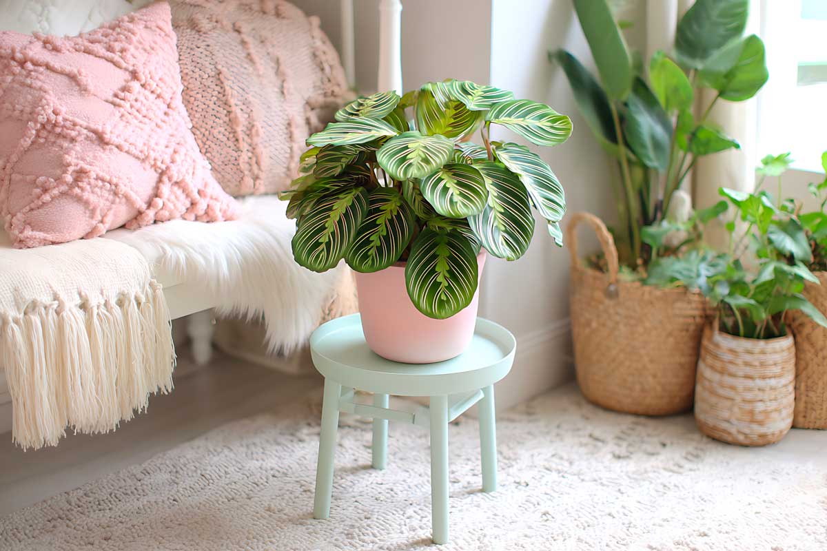 Pianta di Maranta leuconeura in vaso rosa, con foglie verdi e venature chiare, posizionata su uno sgabello turchese in un salotto luminoso. Sullo sfondo, cuscini rosa su una panca rivestita di tessuti chiari, tappeto soffice, altre piante verdi in cesti di vimini vicino a una finestra. Atmosfera accogliente e naturale.