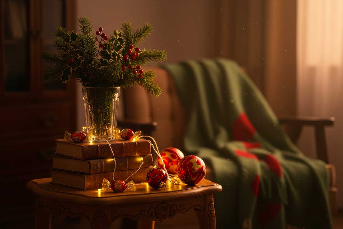 Bouquet natalizio con rami di agrifoglio, bacche rosse e aghi di pino in un vaso di vetro, posato su libri antichi illuminati da lucine calde, con sfondo sfocato di poltrona e coperta verde in una stanza accogliente.