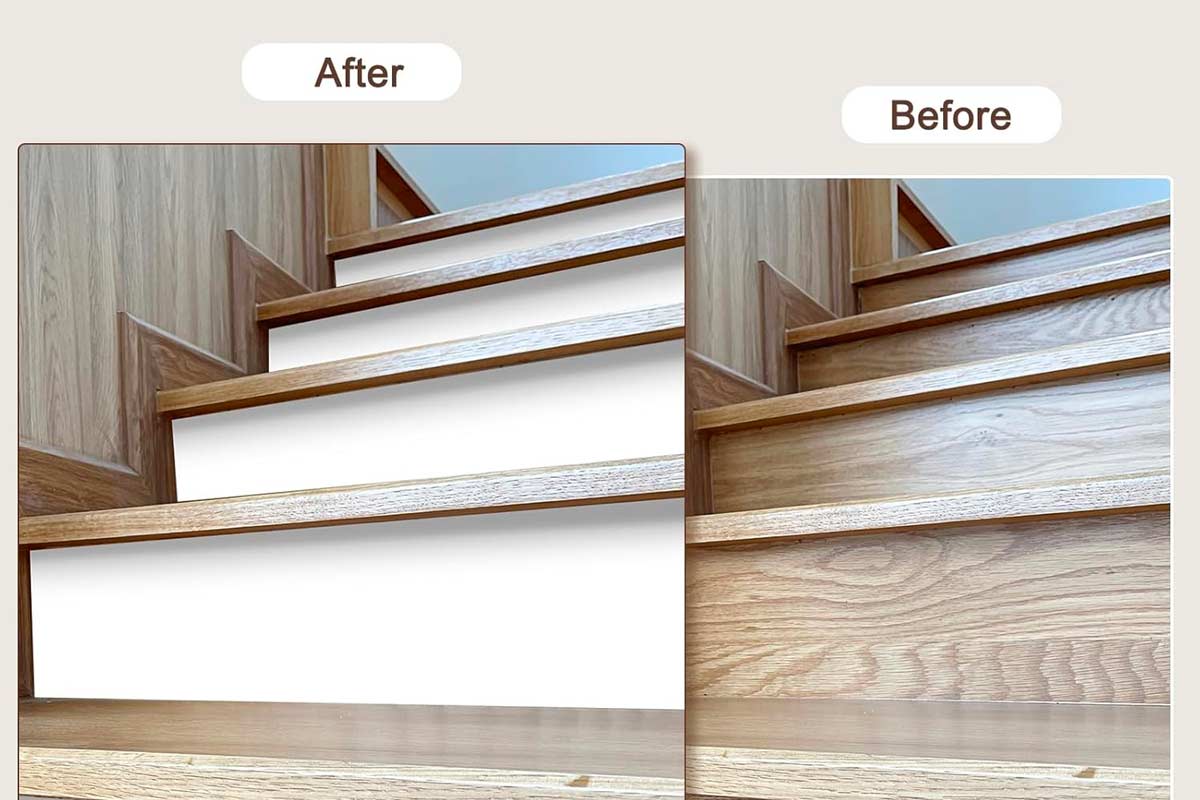 Carta da parati adesiva effetto legno naturale, prima e dopo