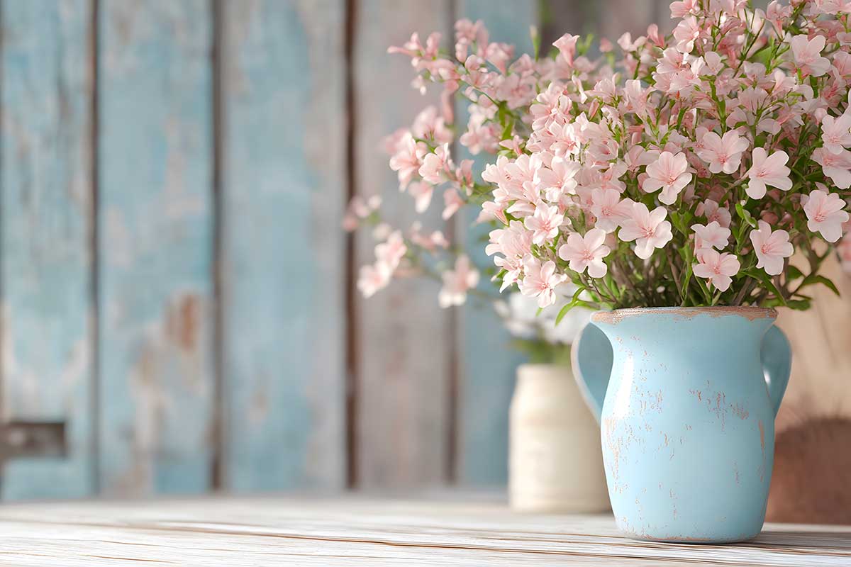 Vaso azzurro decapato con fiori rosa pastello su sfondo di assi di legno celeste, in perfetto stile shabby chic.