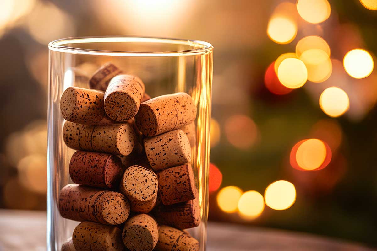 Vaso trasparente con tappi di sughero all'interno