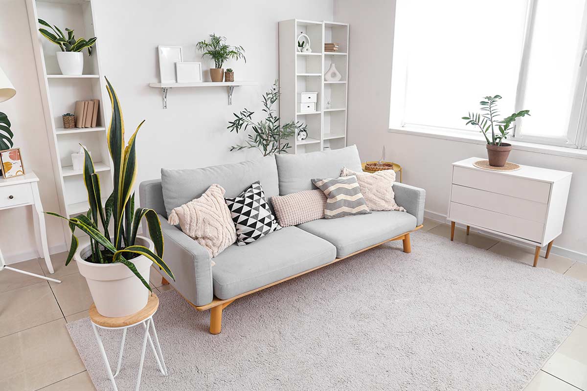 Salotto luminoso in stile nordico con divano grigio chiaro, cuscini geometrici e tappeto beige ben posizionato sotto le gambe anteriori del divano; arredi bianchi, piante verdi e grandi finestre completano l’ambiente ordinato.