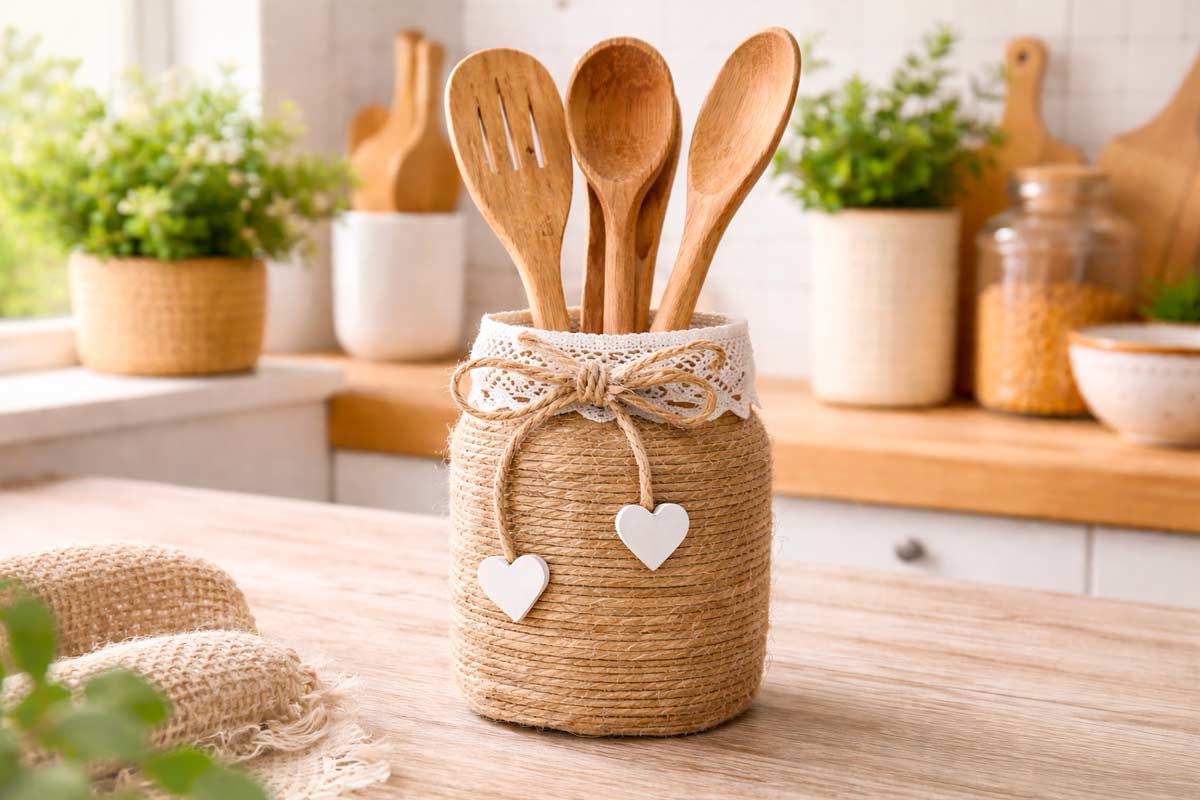 Barattolo di vetro rivestito con spago naturale, decorato con pizzo e due cuori bianchi in legno, usato come portautensili da cucina in stile shabby chic | Foto © vollutta.it - AI