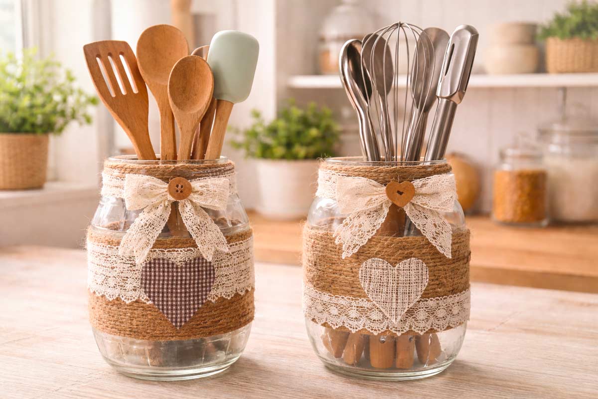 Due barattoli di vetro decorati con spago naturale, pizzo e cuori in tessuto, utilizzati come portautensili da cucina in stile shabby chic. Un barattolo contiene utensili in legno, l’altro in metallo; entrambi presentano fiocchi di pizzo con bottone in legno | Foto © volutta.it - AI