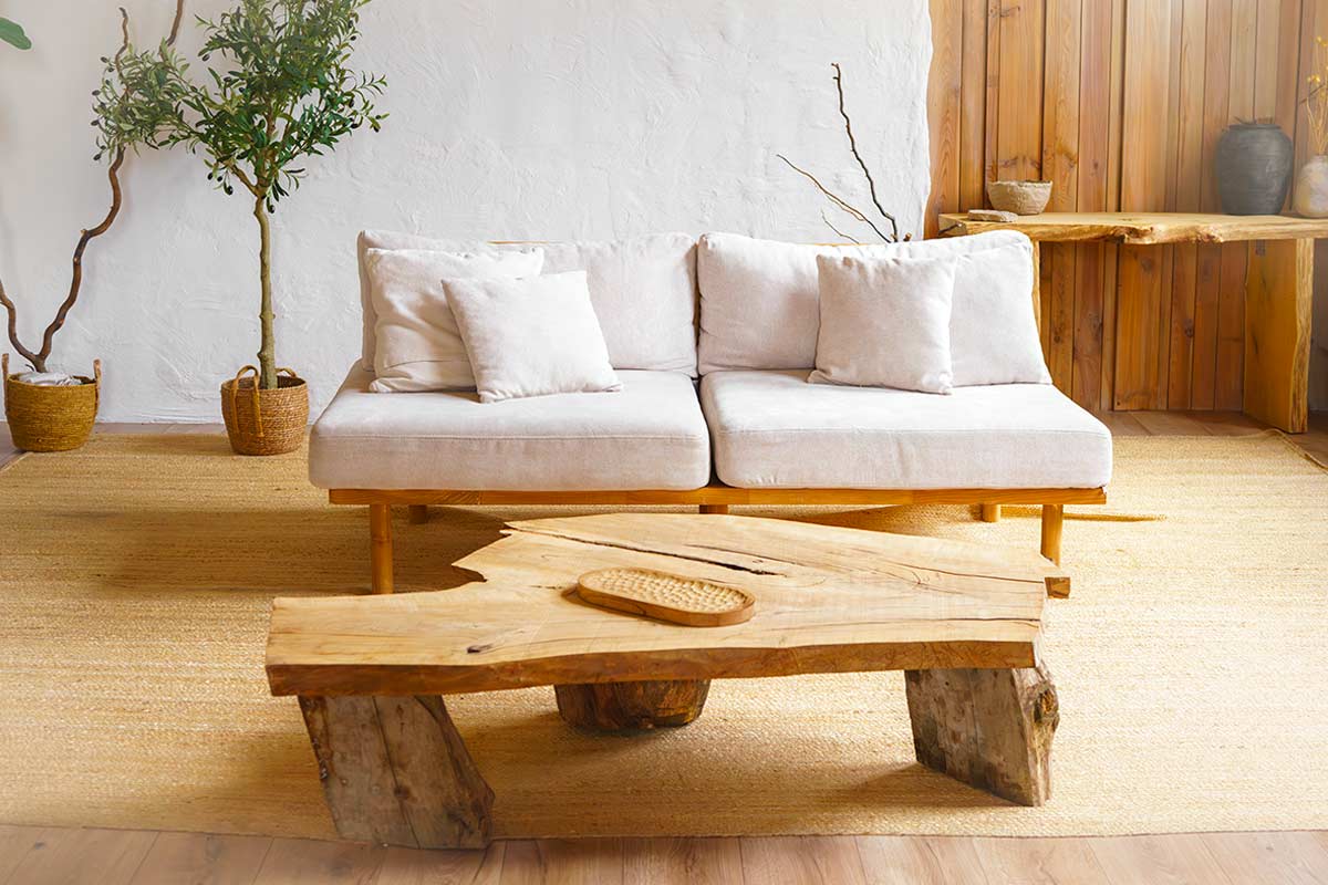 Soggiorno moderno con divano bianco, tavolino in legno naturale irregolare, parete bianca e dettagli d’arredo in materiali naturali, stile minimal accogliente.