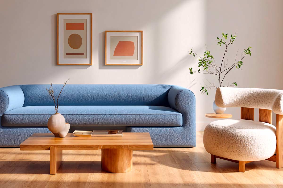 Soggiorno moderno con parete avorio illuminata da luce naturale, divano blu bouclé, poltrona tessuto chiaro e tavolino in legno chiaro, dettagli minimalisti e atmosfera accogliente., foto di © Micromedia - stock.adobe.com