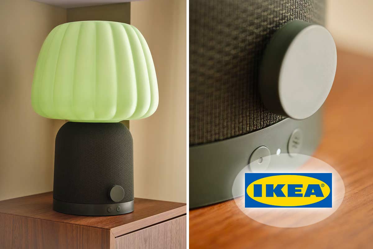 Lampada KULGLASS di IKEA in vetro verde, combinata con cassa Bluetooth e funzione Spotify Tap, posizionata su un mobile in legno.