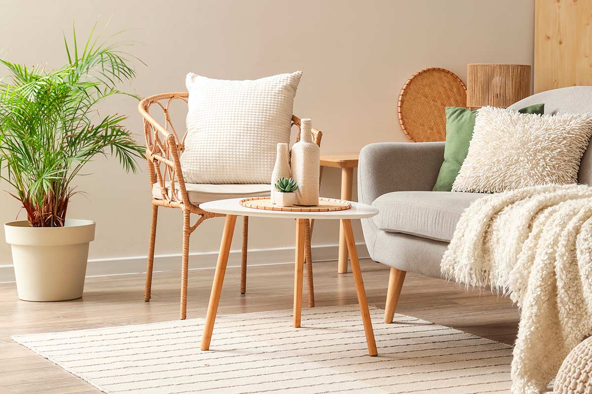 Coffee table con tre oggetti di altezze e materiali diversi, esempio della regola del 3 per ordine e profondità in salotto.