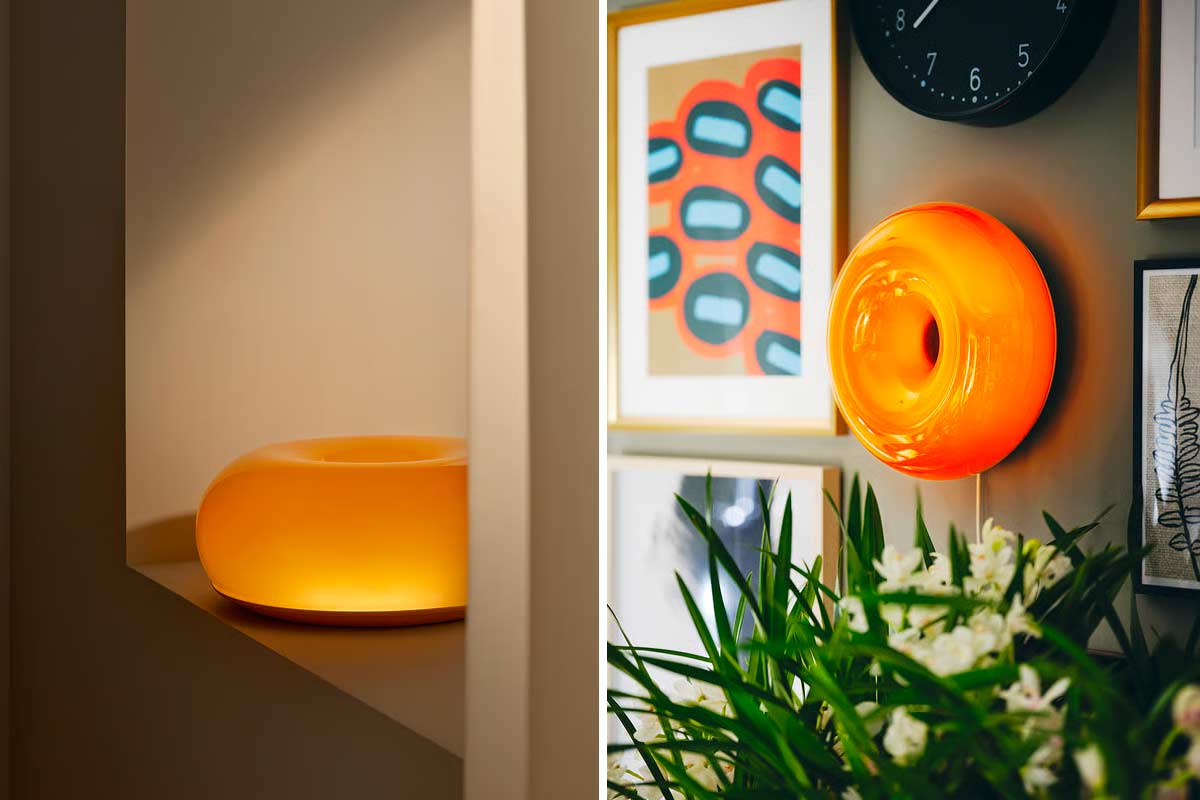 lampada IKEA a ciambella arancione della collezione VARMBLIXT
