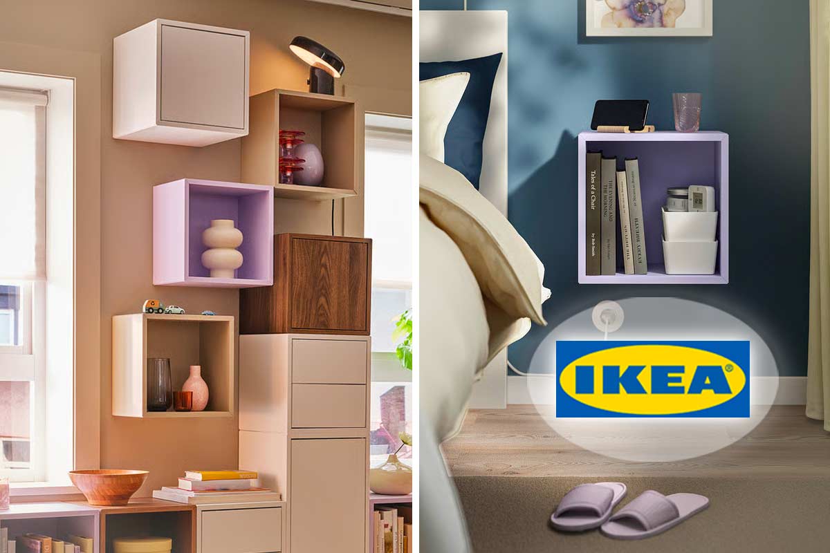 Il nuovo cubo EKET di IKEA lilla pallido in soggiorno e in camera da letto, foto © IKEA