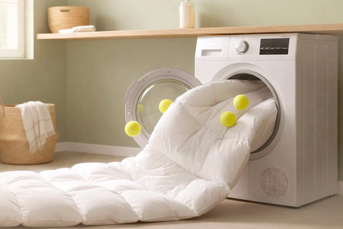 Piumino bianco inserito in un’asciugatrice domestica, con palline da tennis gialle utilizzate per favorire la morbidezza e il gonfiore dopo il lavaggio | Foto © volutta.it - AI