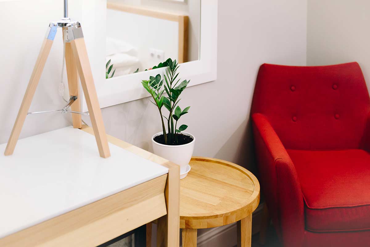 Angolo di soggiorno moderno con poltrona rossa, tavolino rotondo in legno chiaro e pianta di Zamioculcas in vaso bianco, riflessa in uno specchio. Atmosfera luminosa e accogliente, dettagli essenziali.