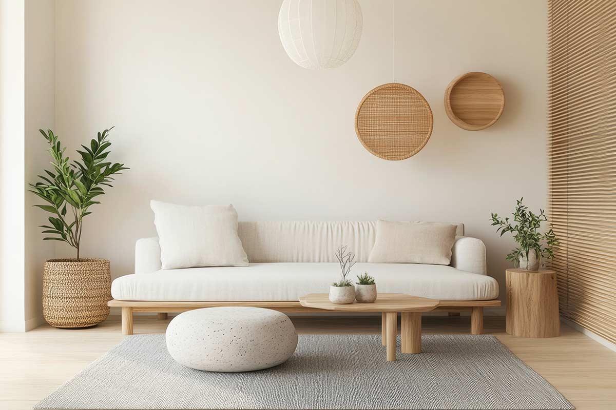 Soggiorno minimal nei toni bianco e tortora, con divano chiaro, tavolino in legno naturale, tappeto grigio e piante verdi. Dettagli in fibre intrecciate e tende a rullo in legno completano l’ambiente.