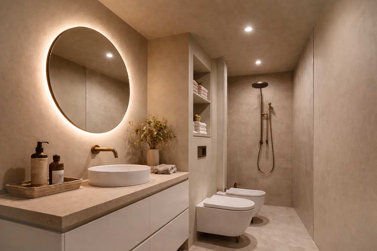 Bagno piccolo con soffitto dello stesso colore delle pareti.
