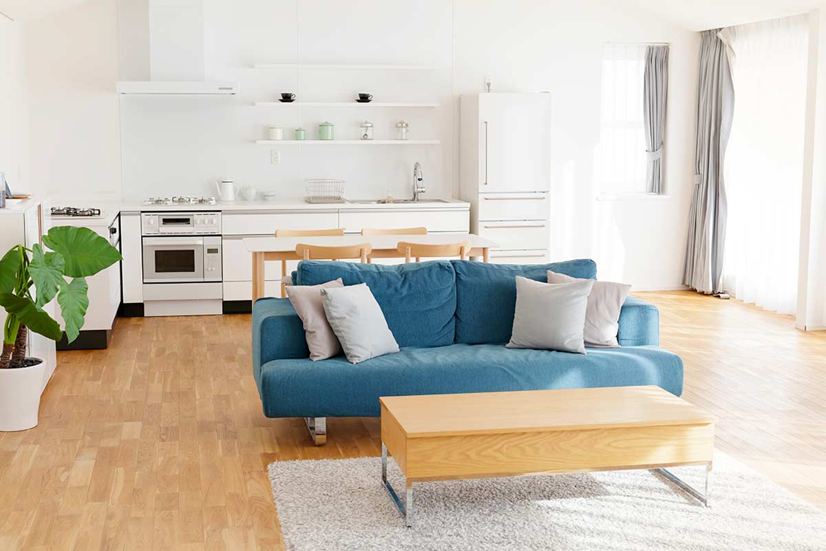 Cucina luminosa con parquet e divano blu polvere in primo piano.