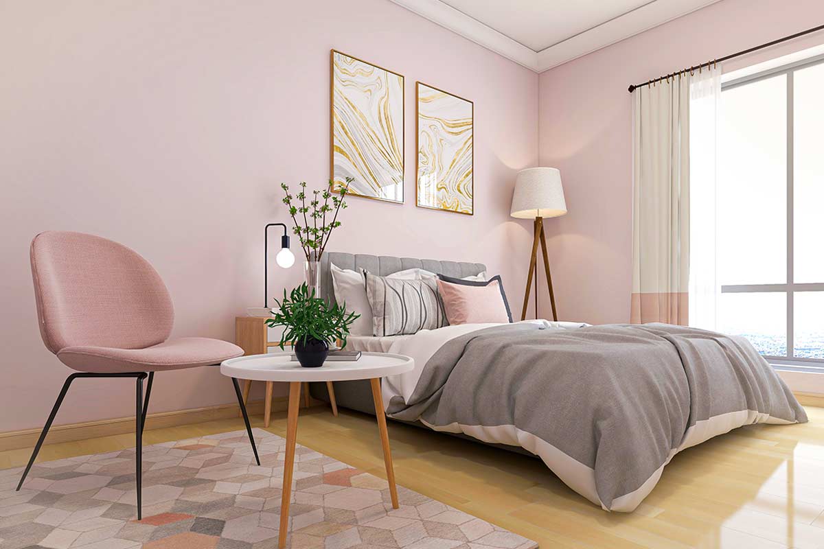 Camera da letto moderna con arredi e quadri allineati orizzontalmente, toni neutri e luce naturale che crea un ambiente calmo e ordinato.