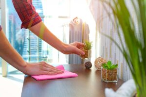 Persona che riordina una superficie con piante e decorazioni minimal.