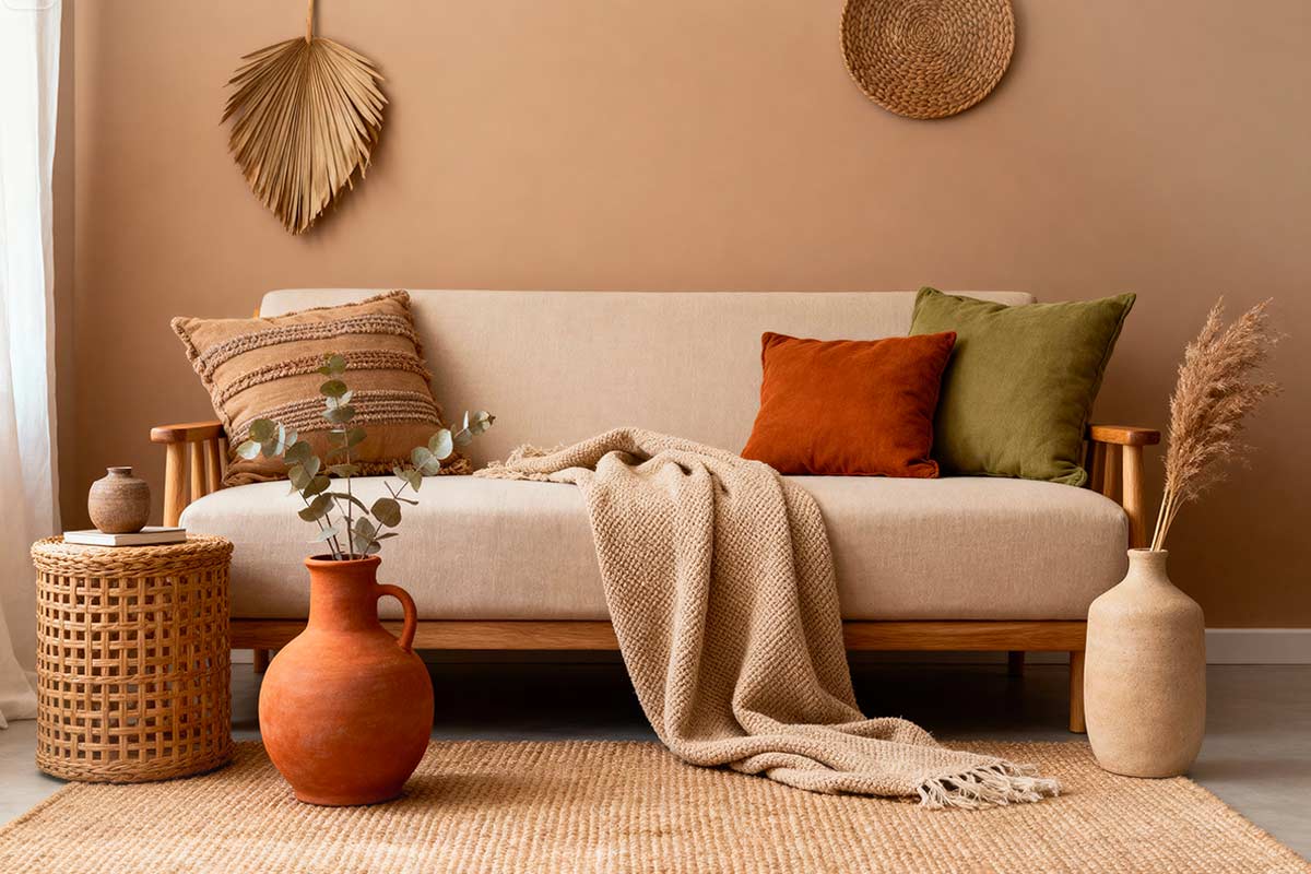 Divano beige davanti a parete terracotta, cuscini color ruggine e verde, tessili naturali e vasi in ceramica in soggiorno caldo e ordinato.
