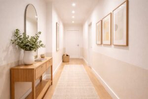 Corridoio cieco moderno con pareti off-white, luci LED e dettagli in legno chiaro.