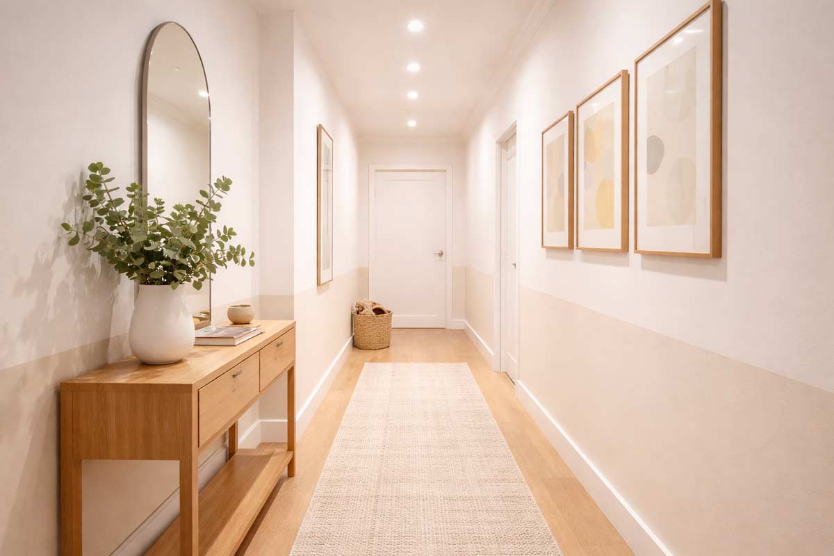 Corridoio cieco moderno con pareti off-white, luci LED e dettagli in legno chiaro.