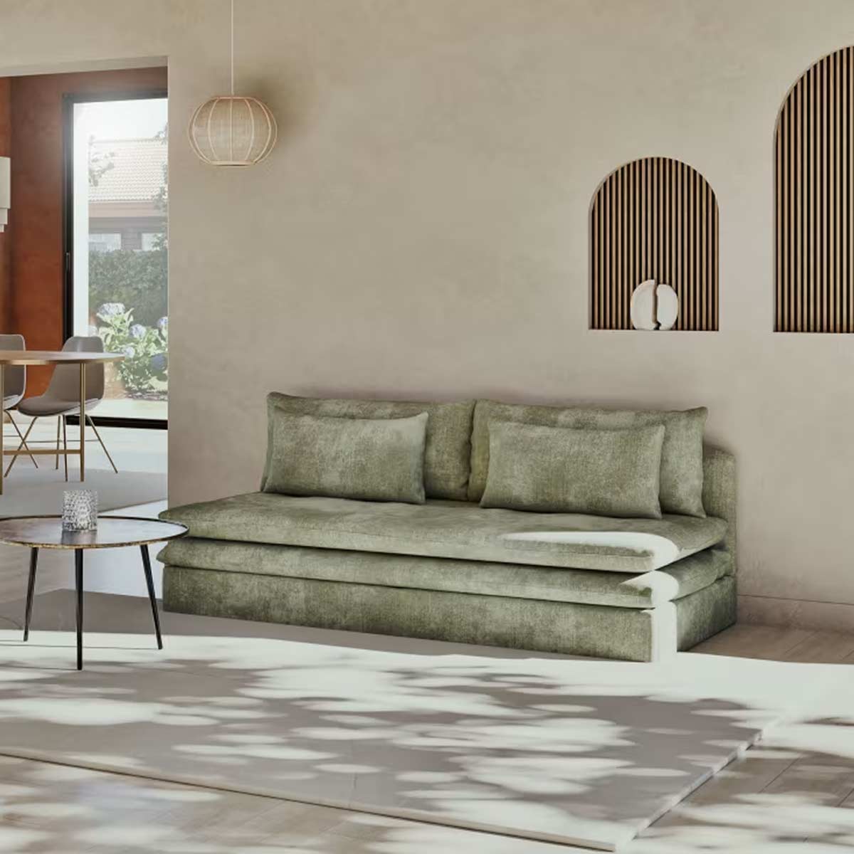 Divano letto Clio in tessuto riciclato verde kaki, stile moderno in salotto luminoso.