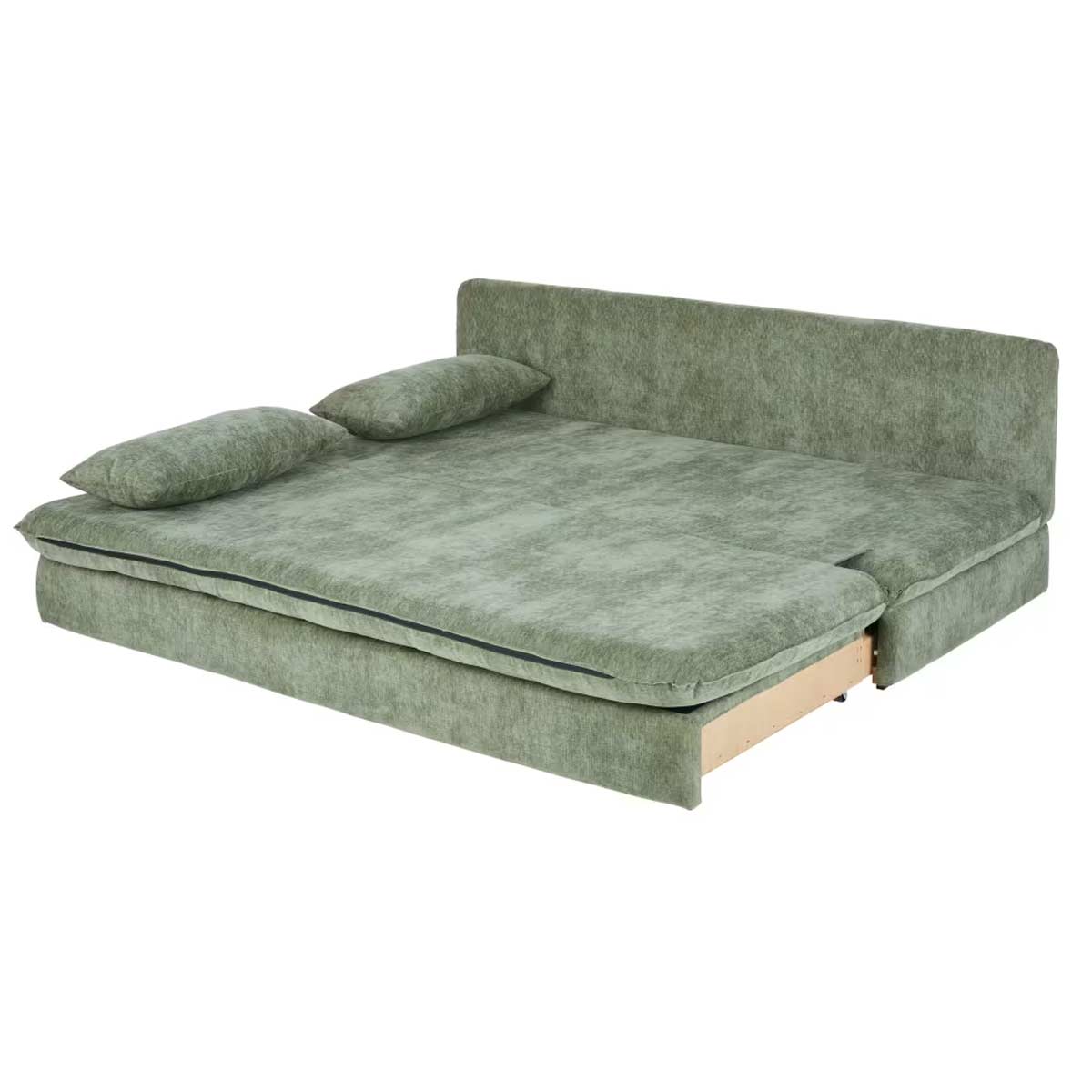 Divano letto Clio Maisons du Monde aperto in versione letto, tessuto riciclato verde kaki.