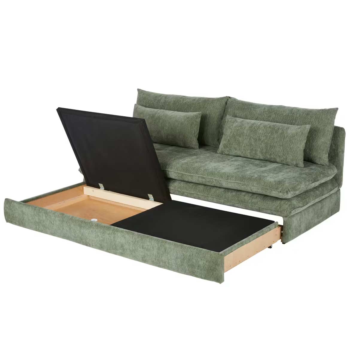 Vano contenitore del divano letto Clio verde kaki aperto, pratico per riporre coperte e cuscini.