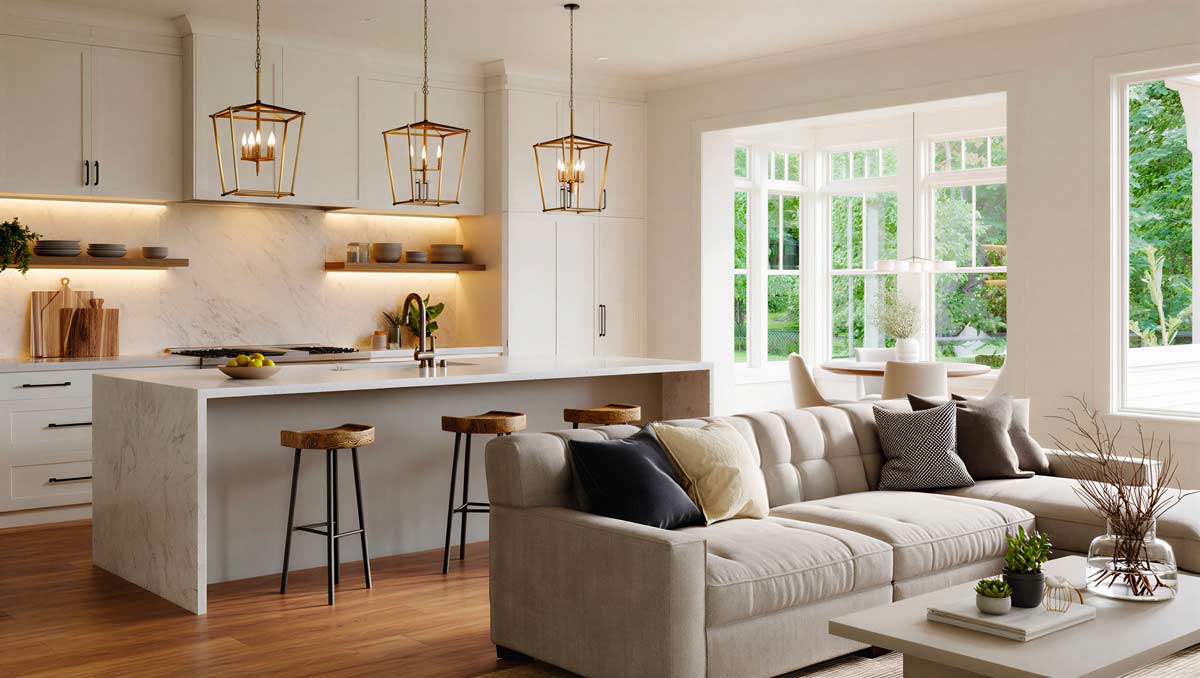 Open space elegante con isola in marmo bianco che separa cucina e soggiorno, sgabelli in legno come zona filtro e divano chiaro a definire l’area relax in continuità visiva.