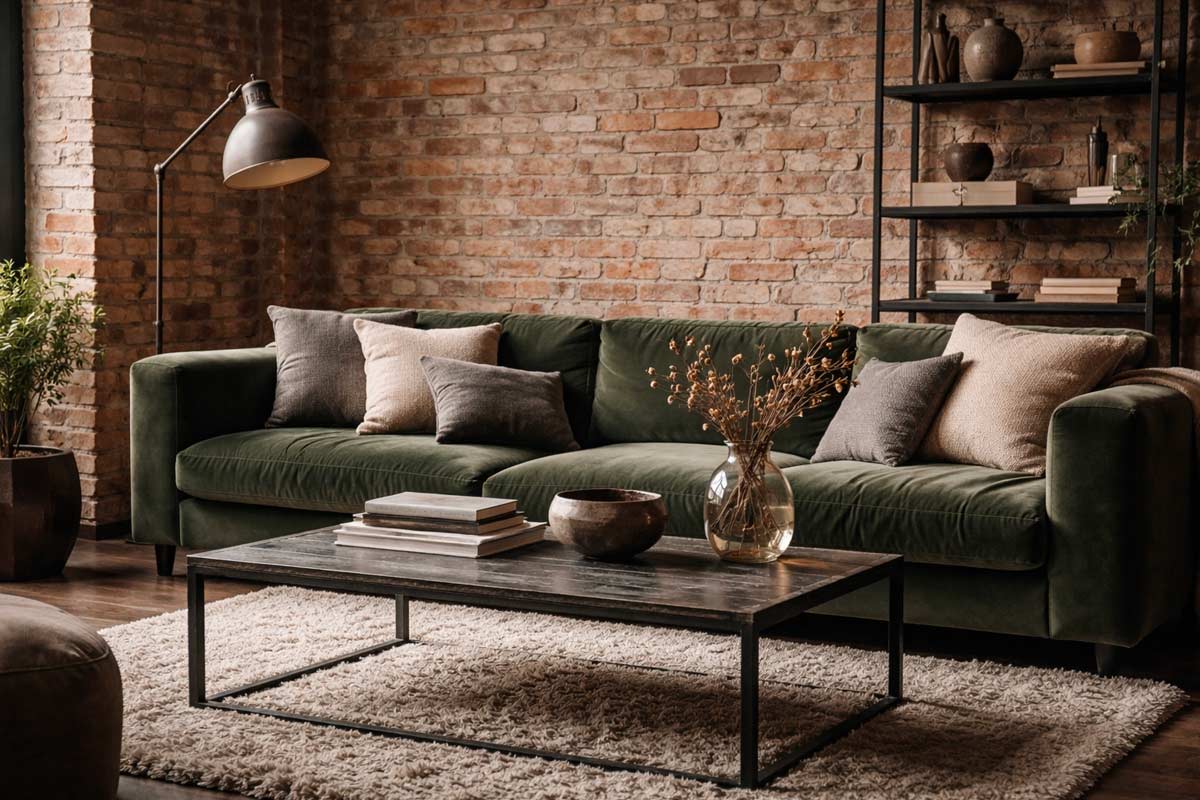 Divano verde in velluto con cuscini su sfondo di mattoni a vista, tavolino in ferro e tappeto chiaro stile industrial chic.