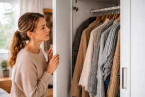 Una donna controlla con attenzione i maglioni invernali nell’armadio, alla ricerca dell’origine dell’odore di muffa.