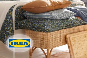 Panca contenitore TOLKNING di IKEA, realizzata in rattan intrecciato a mano.