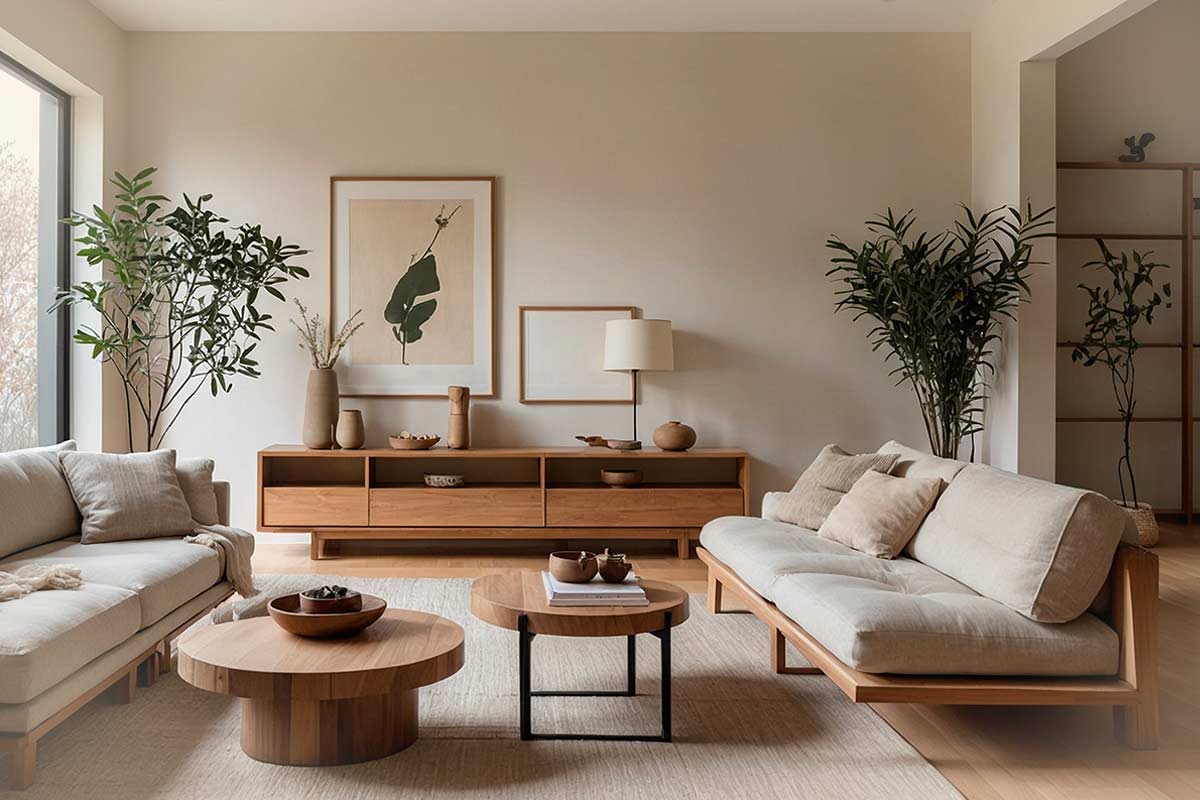 Soggiorno con pareti tortora calde, mobili in legno naturale, divani beige e tavolini rotondi in rovere in stile minimal nordico.