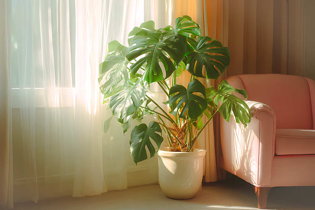 Monstera in soggiorno accanto ad una poltrona rosa