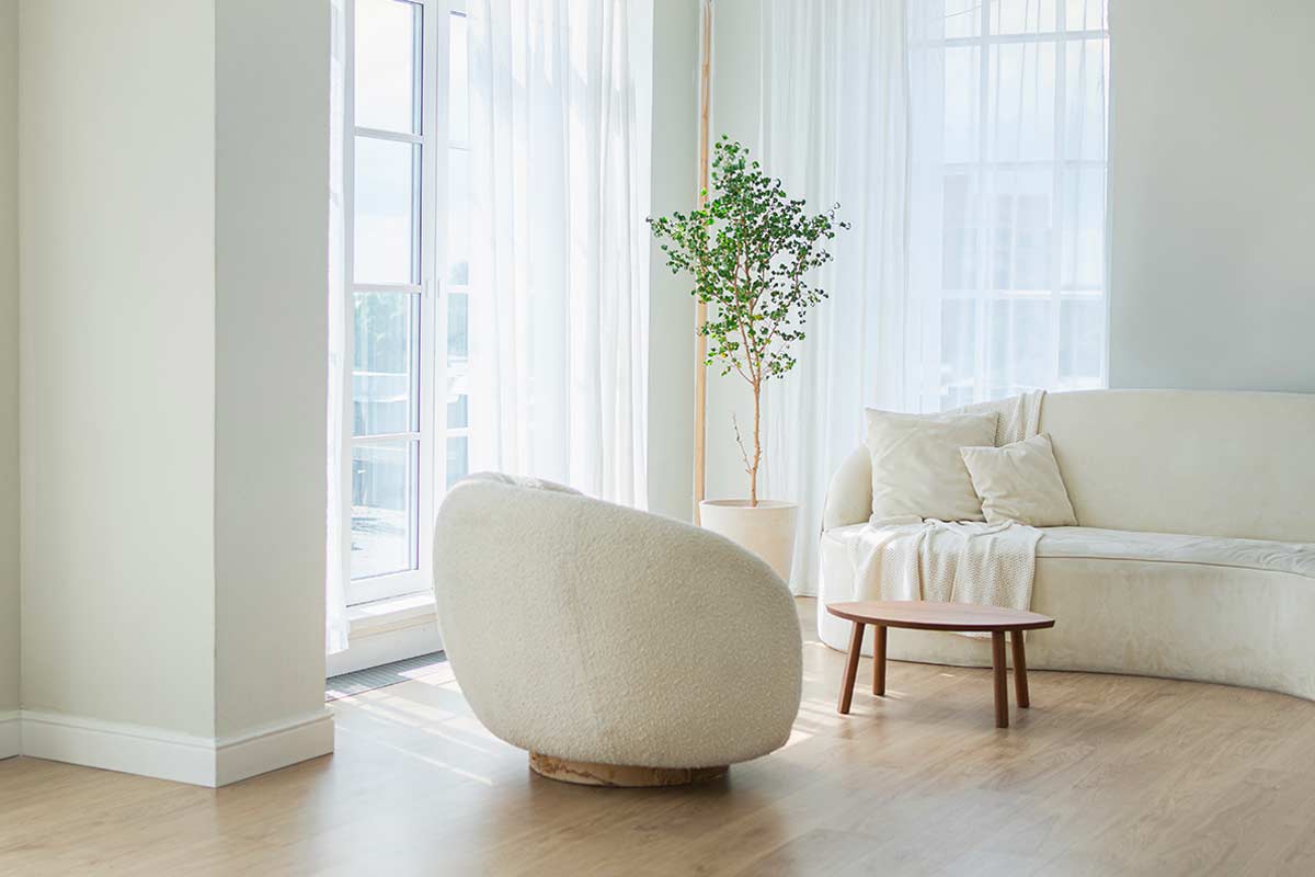 Soggiorno luminoso con ampio spazio vuoto, poltrona e tavolino distanziati dal divano, pianta in angolo e luce naturale su pavimento in legno.