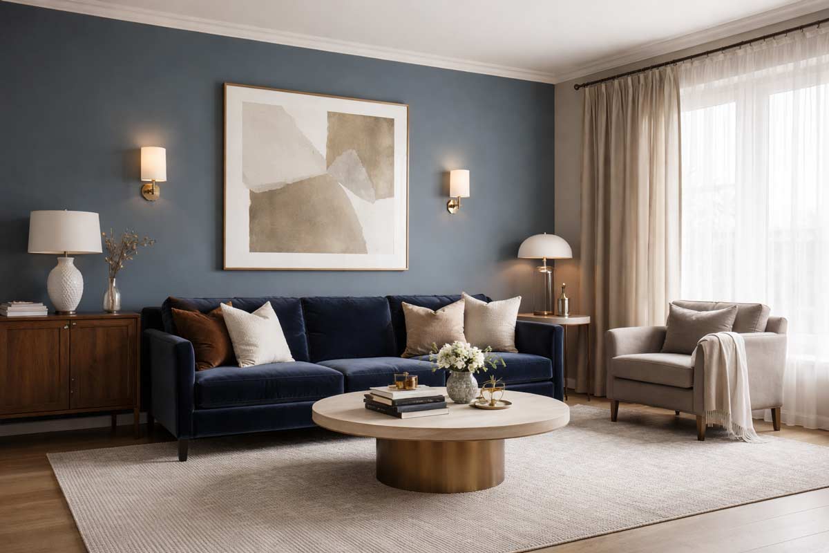 Soggiorno moderno e luminoso con divani color tortora, tende Blu Balena e pavimento in legno caldo.