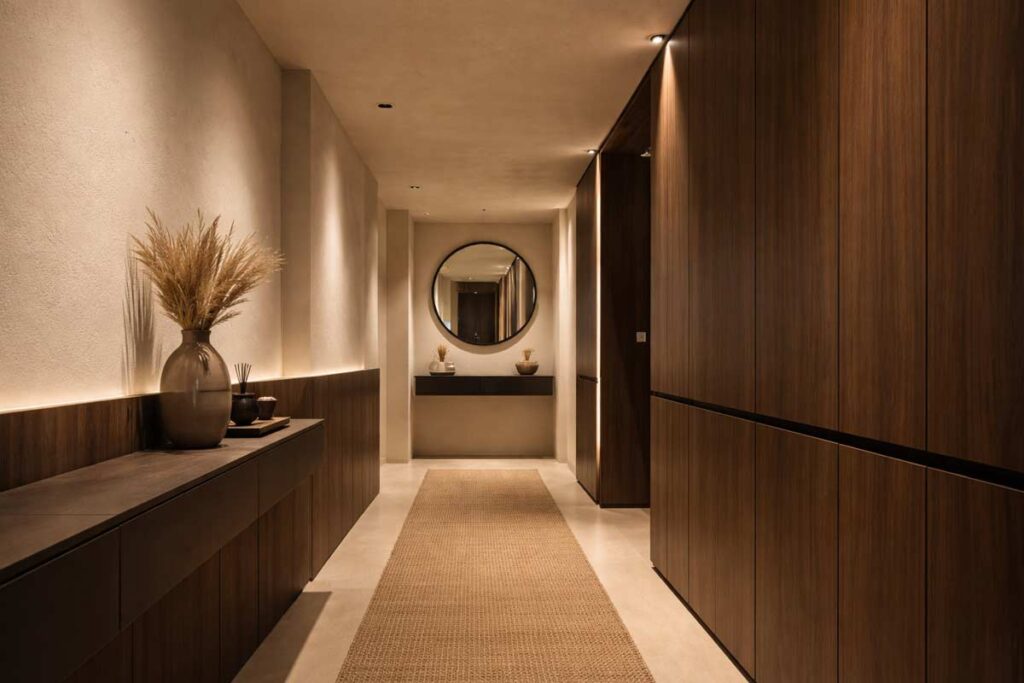 Colore sabbia e legno acuro: il contrasto materico che trasforma un corridoio anonimo in uno spazio di design