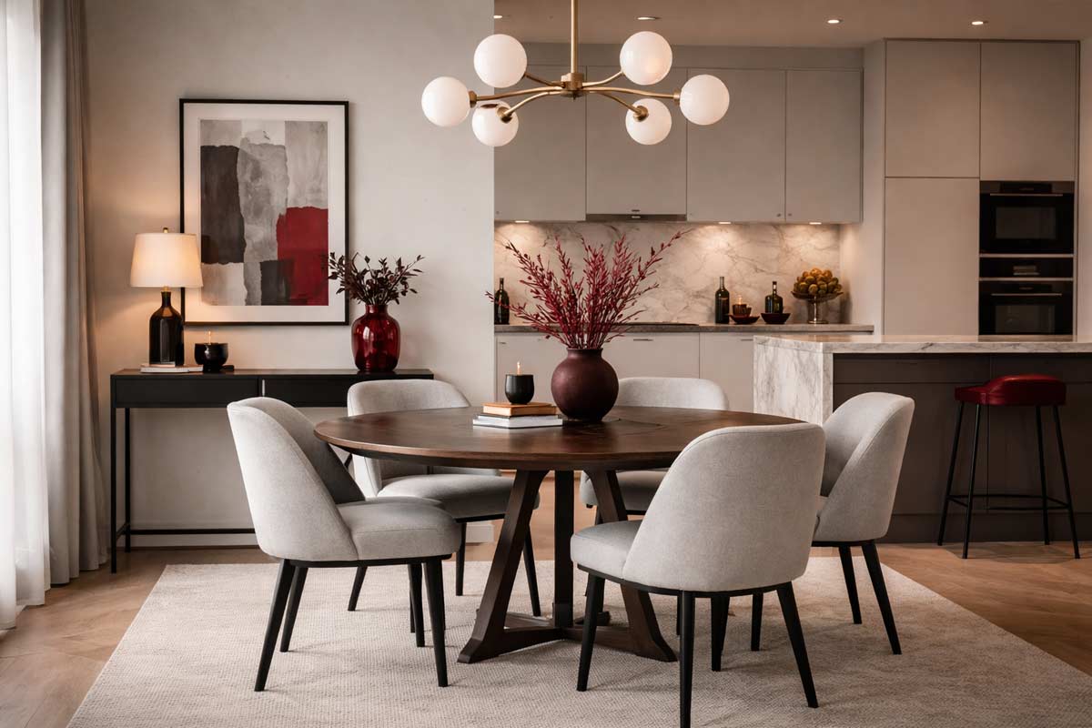 Zona pranzo elegante con tavolo rotondo in legno, sedie grigie e dettagli in rosso amaranto, cucina moderna sullo sfondo in toni neutri.