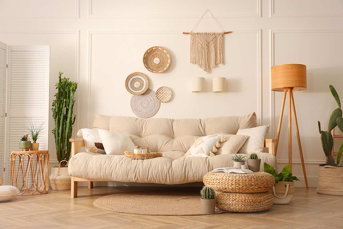 Salotto Boho Chic luminoso con divano beige, cuscini chiari, tavolini in rattan, piante e decorazioni intrecciate su parete neutra.