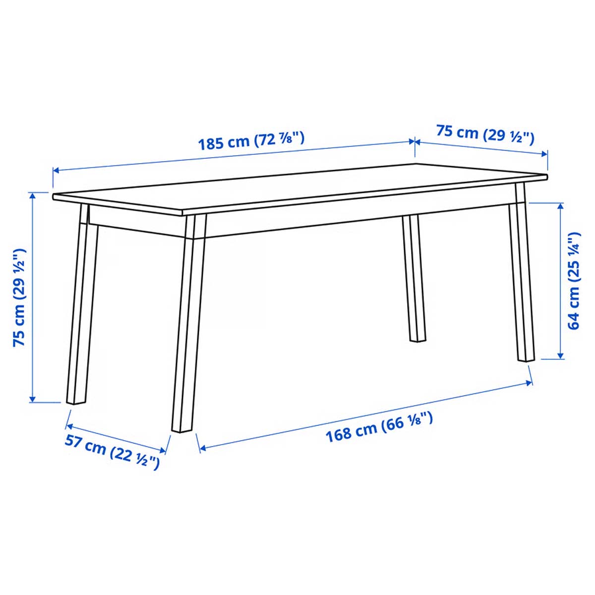 Schema tecnico del tavolo PINNTORP IKEA con dimensioni 185x75 cm e misure dettagliate di altezza e struttura.