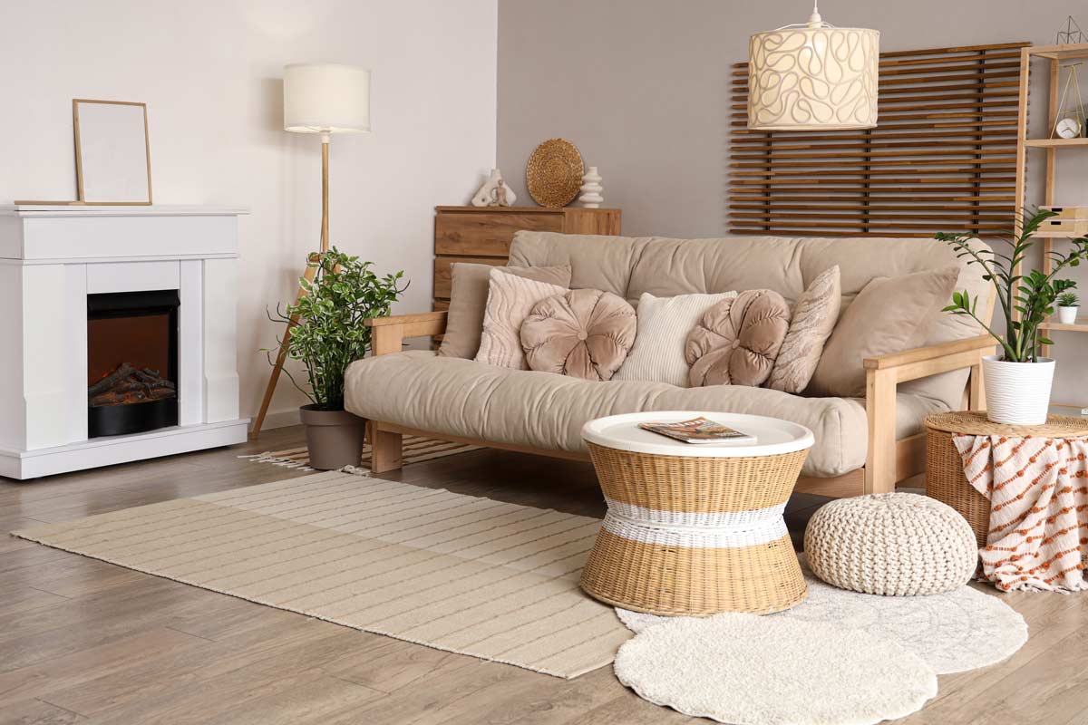 Soggiorno con tavolino in rattan e arredi in fibre naturali, tra divano, tessili e piante decorative