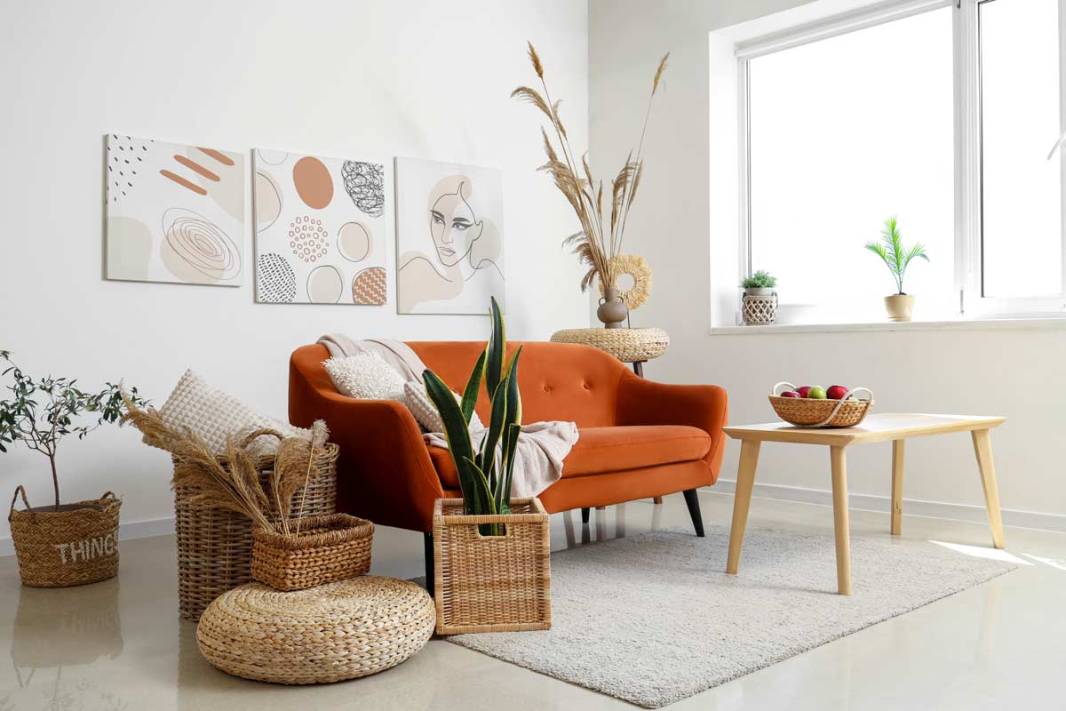 Soggiorno moderno con ceste in fibra naturale usate come contenitori decorativi accanto a divano e tavolino in legno