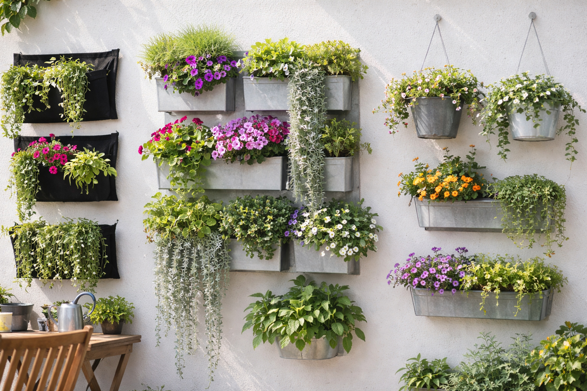 Vasi di fiori appesi sulla parete esterna di casa