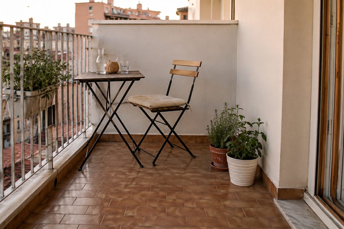 Balcone piccolo alleggerito con pavimento libero e poche piante