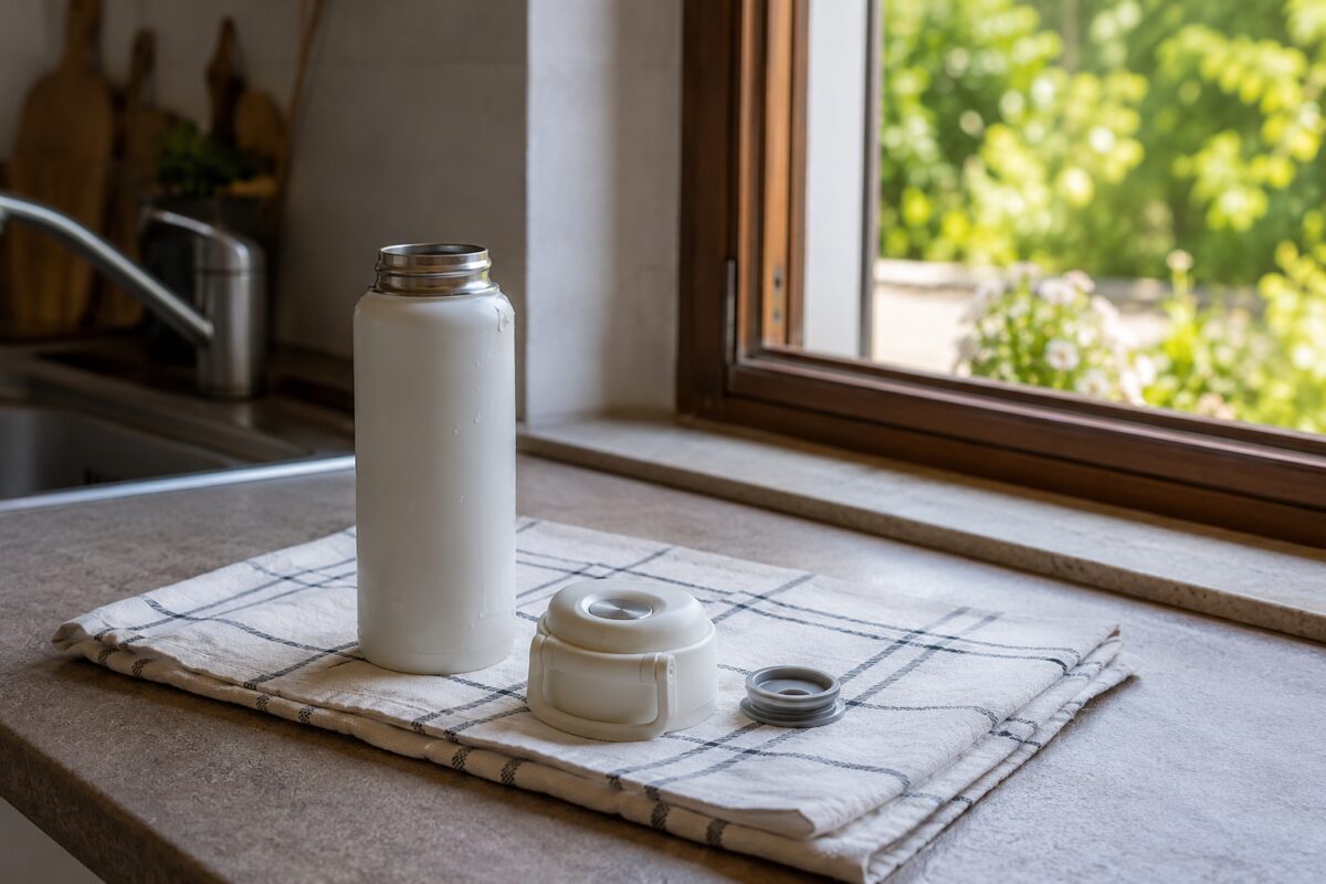 Borraccia lavata lasciata asciugare con tappo e guarnizione separati