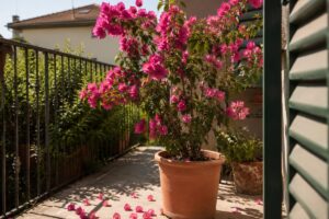 Bouganvillea in vaso con fiori caduti su balcone estivo