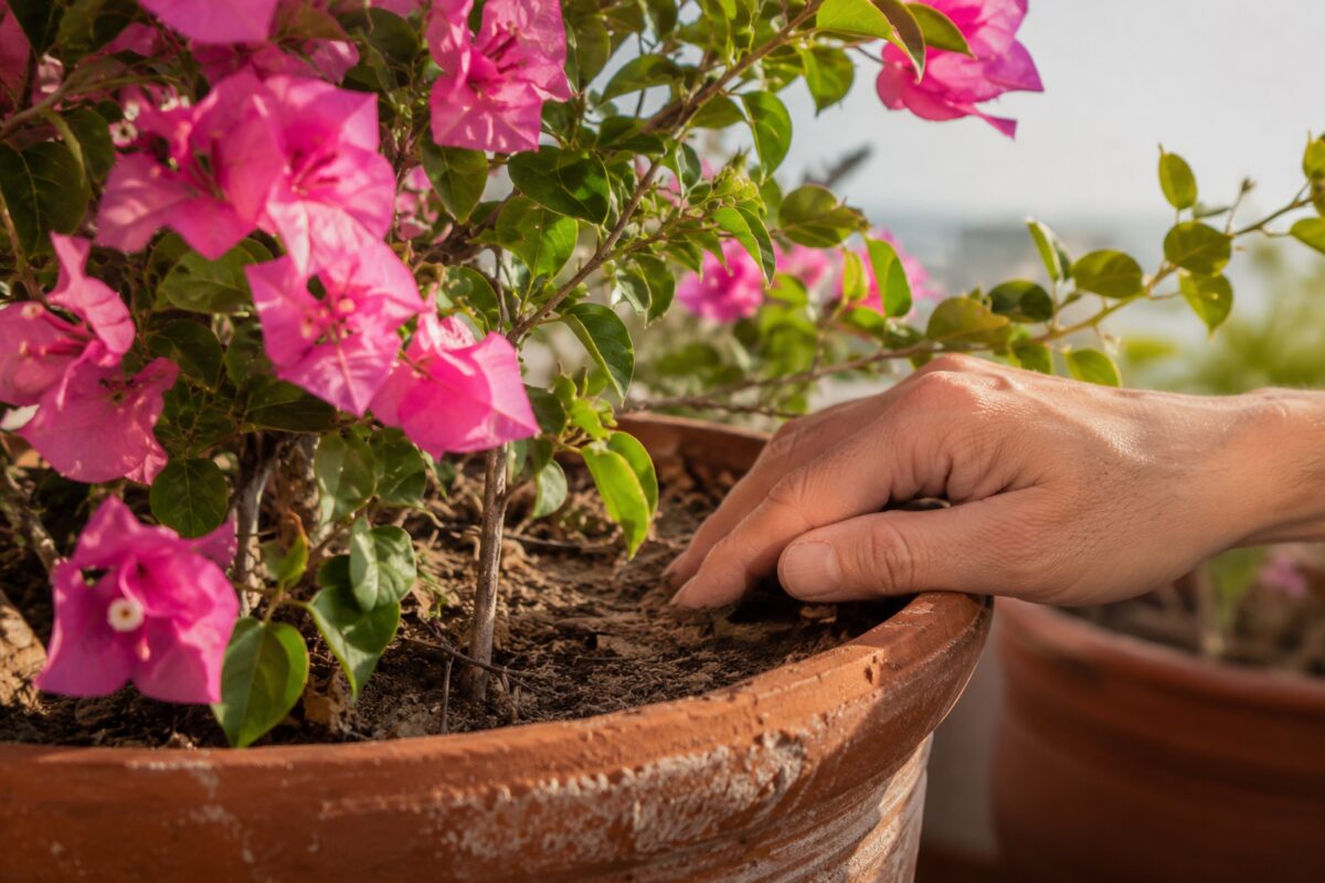 Controllo del terriccio in un vaso di bouganvillea