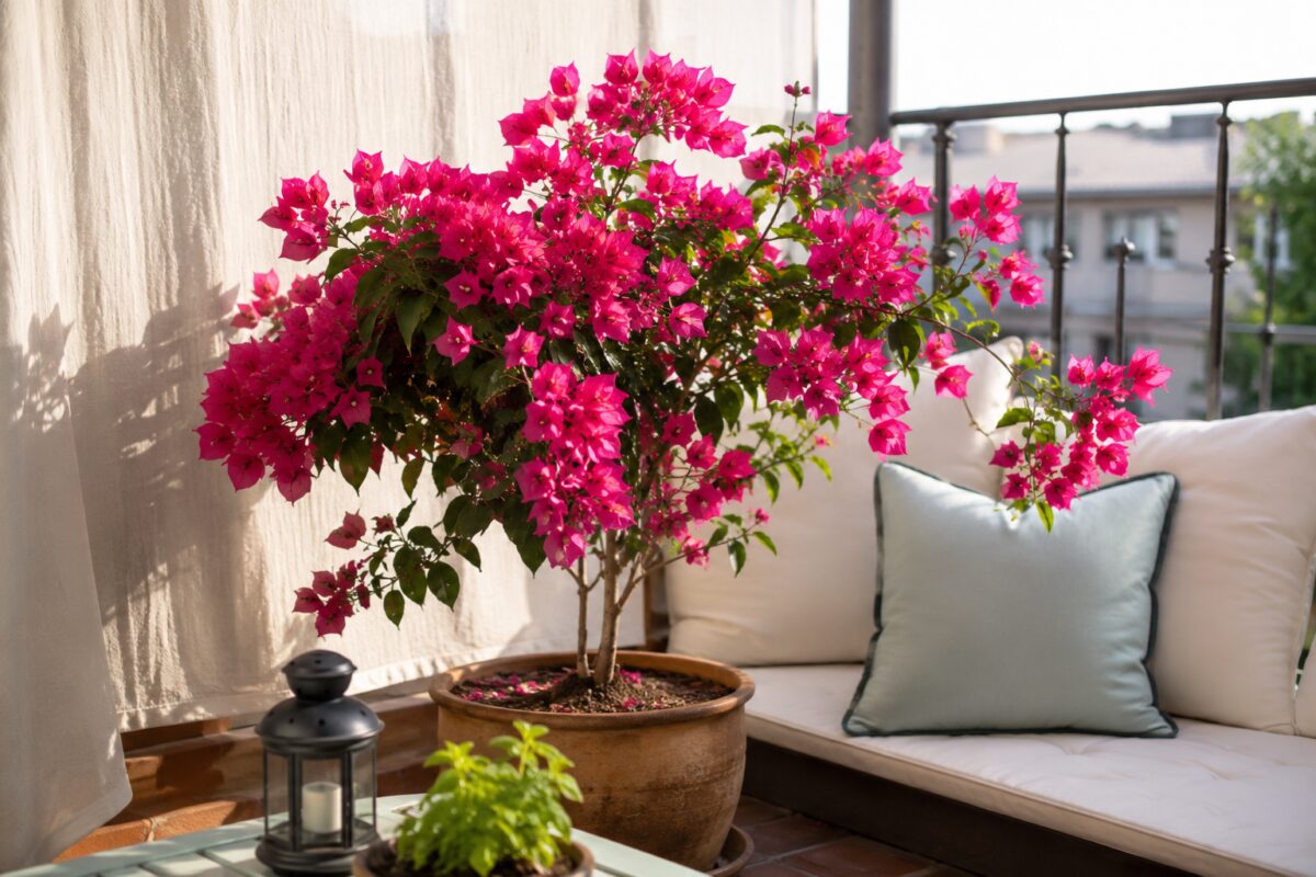 Bouganvillea spostata in ombra luminosa sul balcone