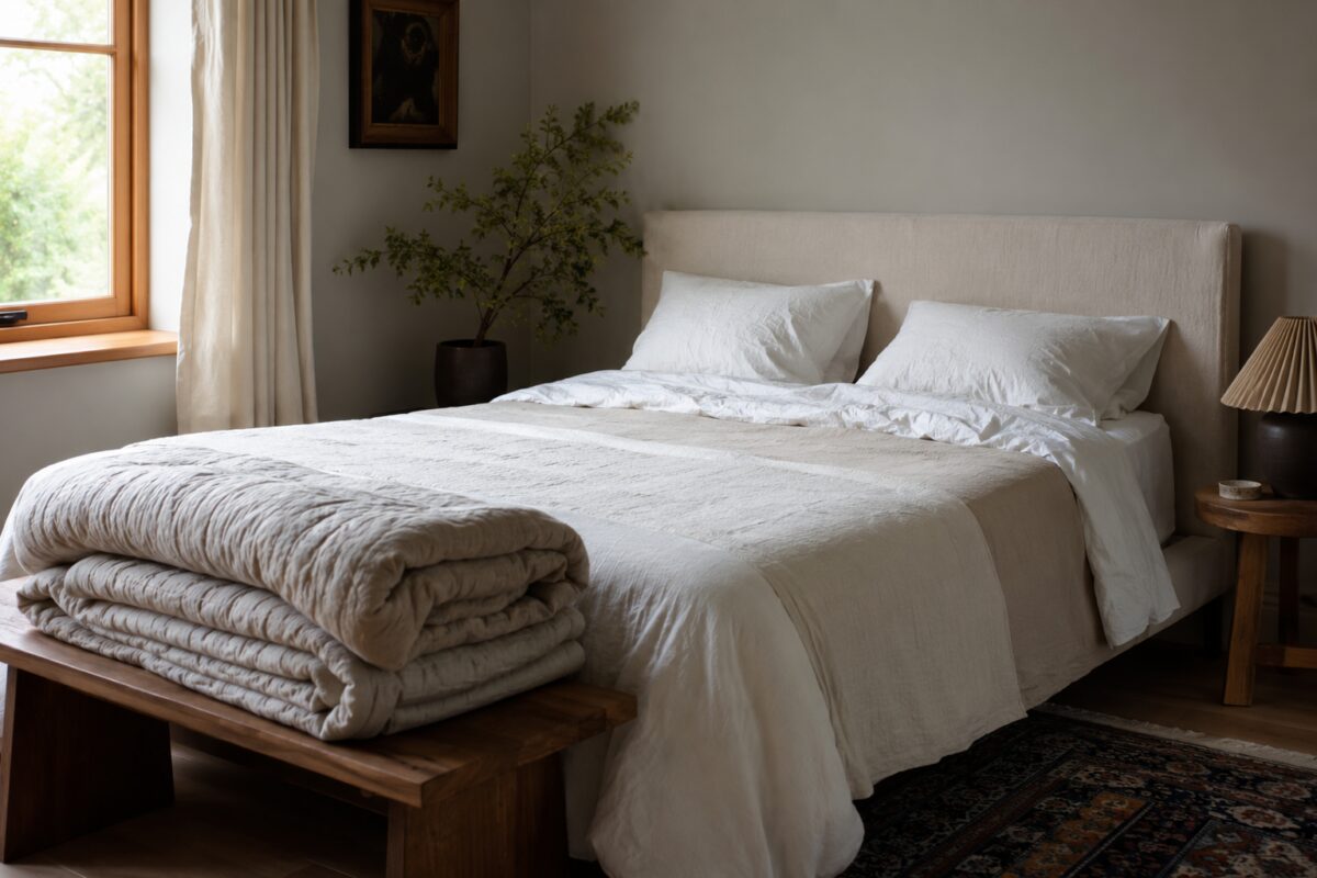 Letto estivo con tessili leggeri e coperta rimossa