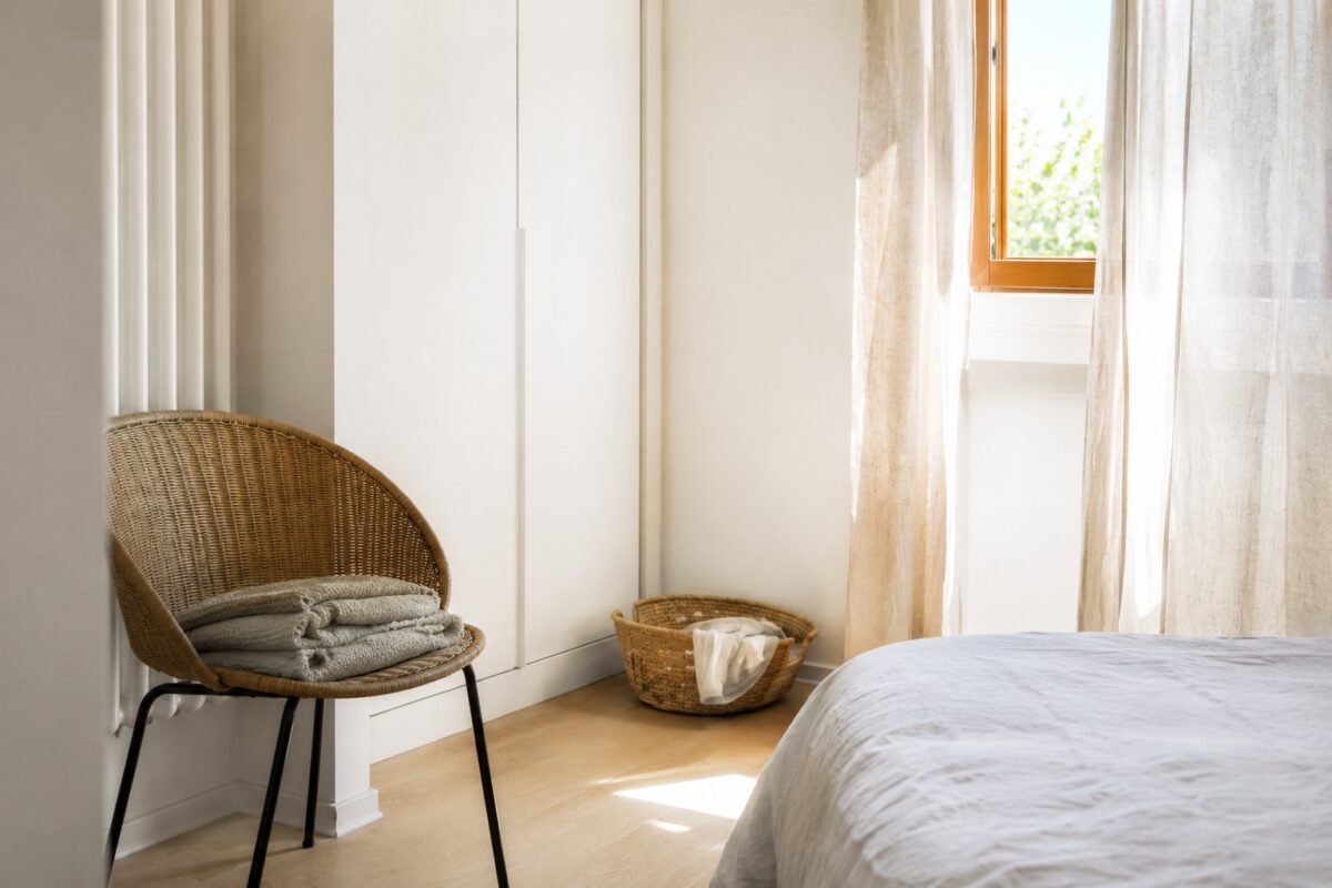 Sedia quasi vuota in camera da letto con cesta bassa per i vestiti