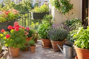 Piante da balcone raggruppate prima della partenza estiva